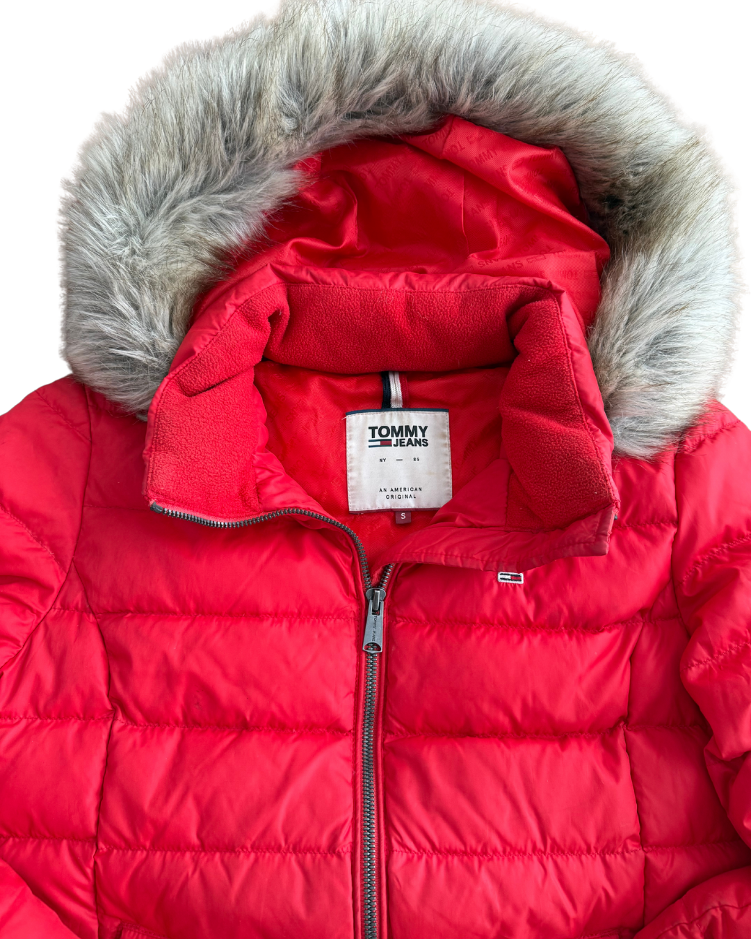 Tommy Jeans Damen Winterjacke – Rot, Größe S, mit abnehmbarer Kapuze